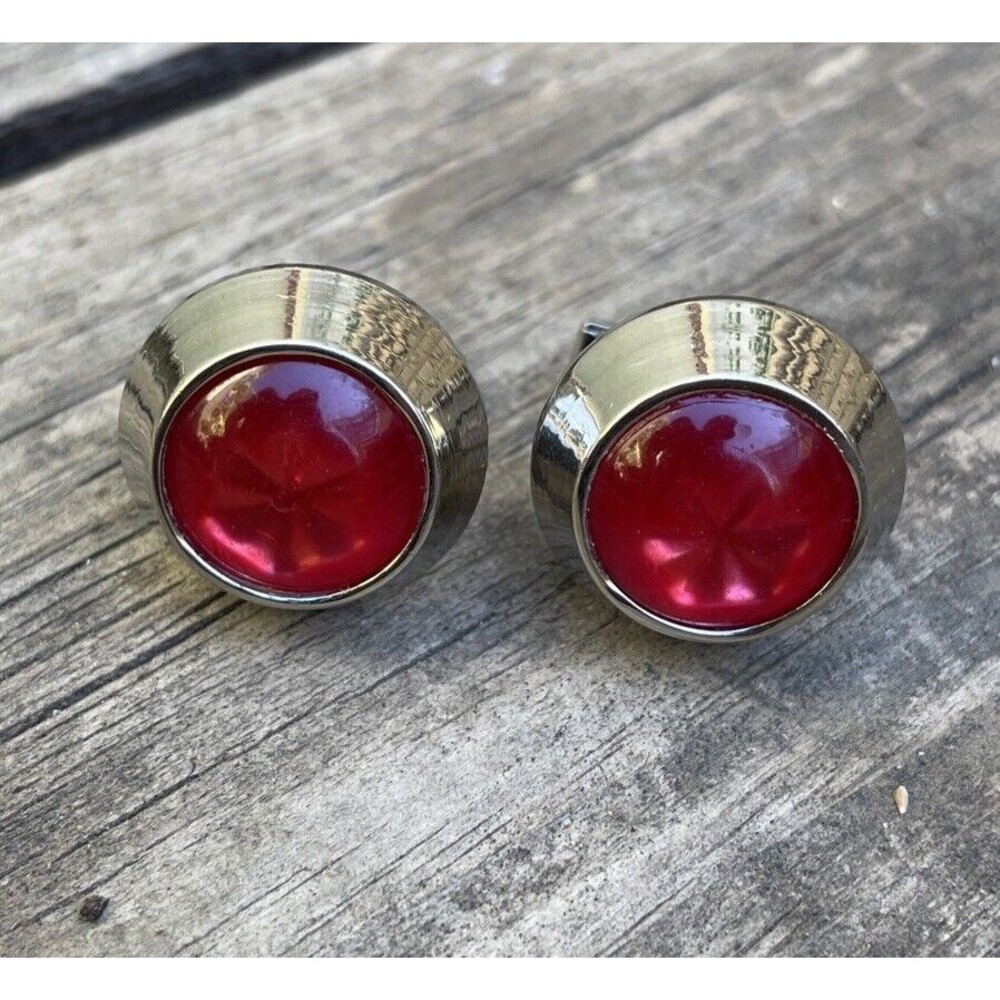 Red‎ Domed Glass Cufflinks Star Swank Stone Gem Jewel Round Silver Tone 7/8”